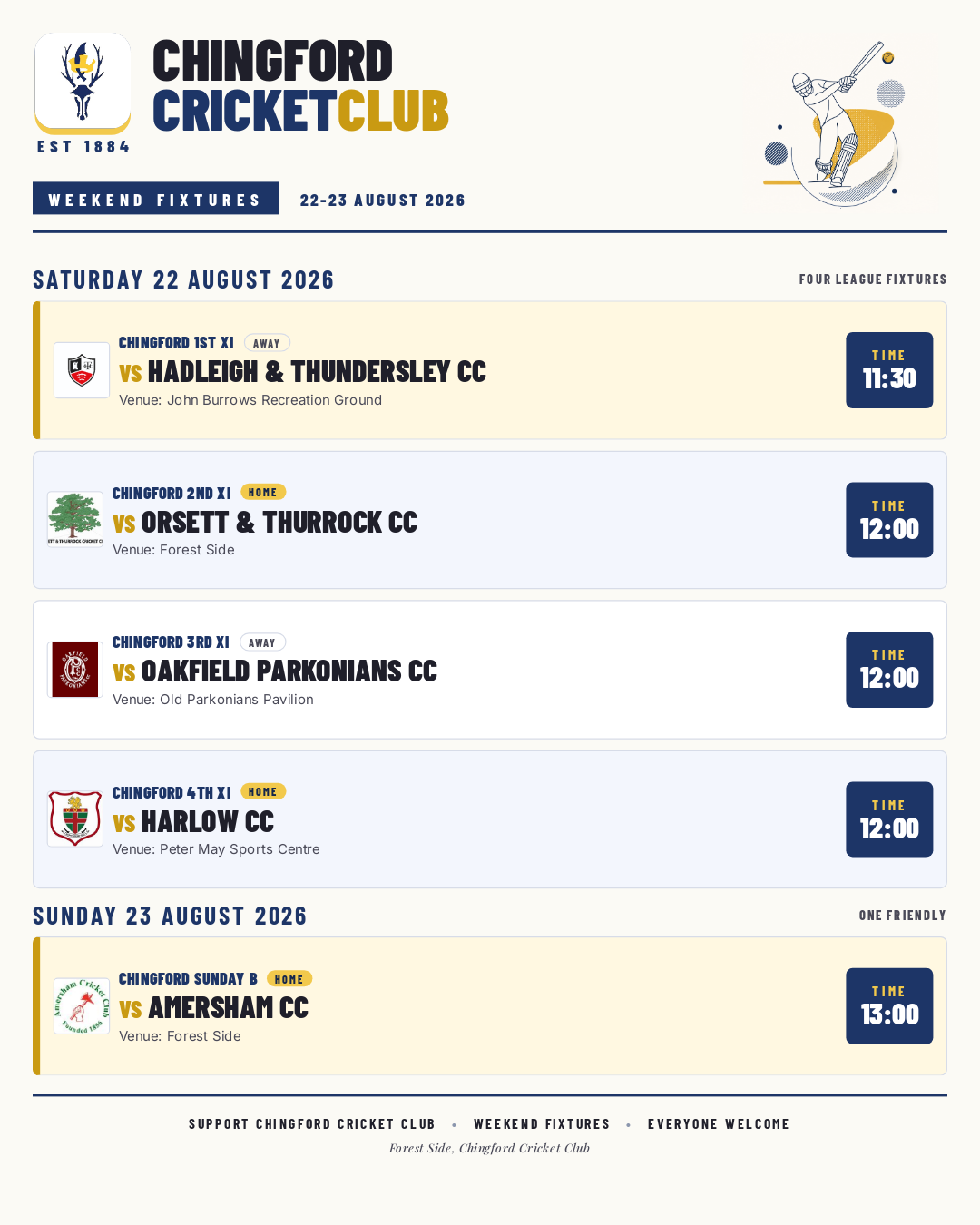 Example Chingford Cricket Club weekend fixtures graphic
